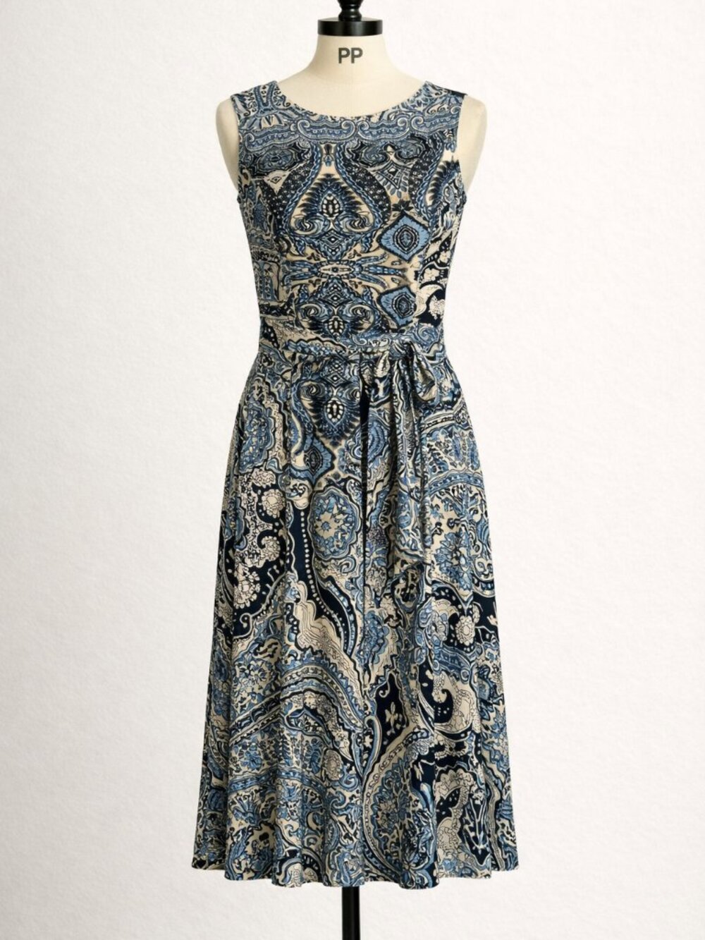 Charter Club A-line Blue & White Print Sleeveless Midi Dress, EUC, Size PP